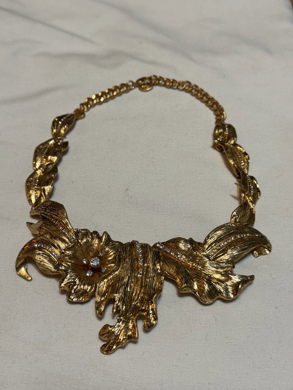 Zara Gold and Rhinestone Floral Sculpted Statement Necklace